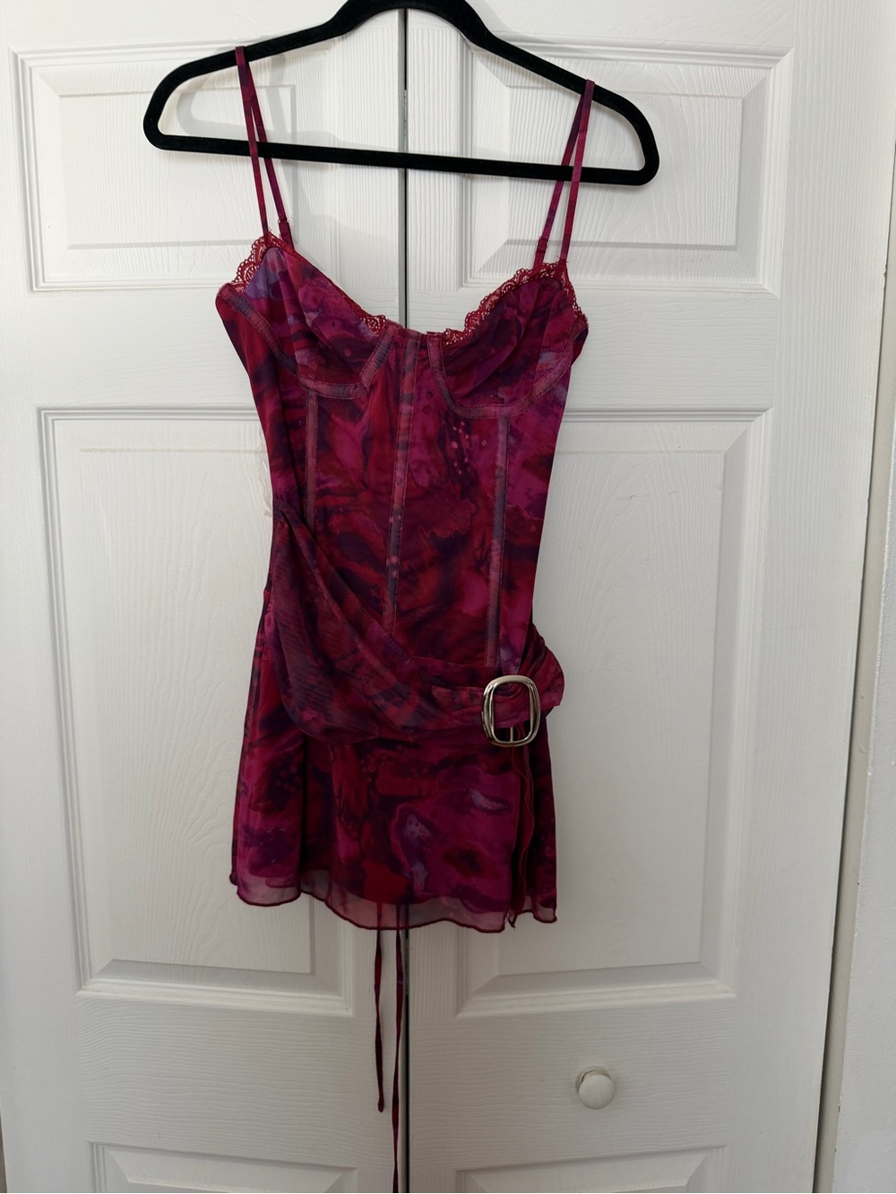Fuchsia Pink Spaghetti Strap Mini Dress with Belt